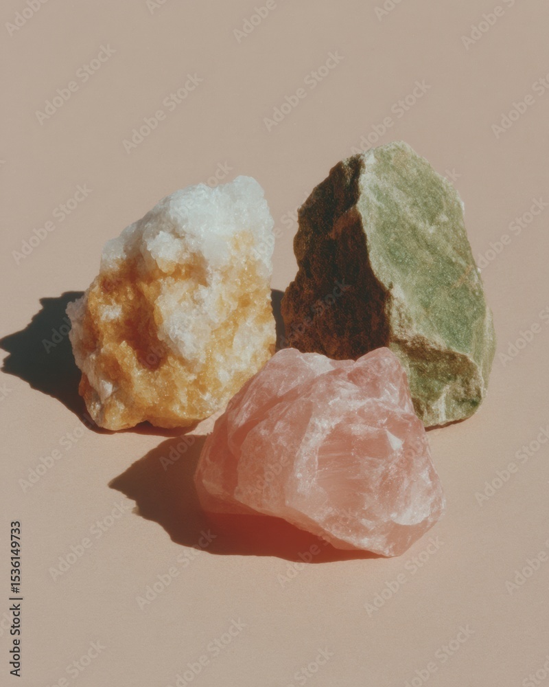 Poster natural raw mineral nuggets with varied textures on neutral surface representing commodity investmen