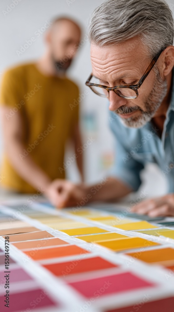Poster collaborative ui design professionals reviewing color palettes and wireframes for creative digital p