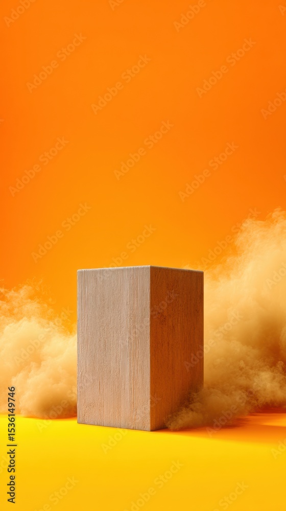 Poster minimalist cedar wood podium with dynamic smoke on gradient safety yellow background for modern prod