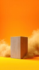 Minimalist Cedar Wood Podium with Dynamic Smoke on Gradient Safety Yellow Background for Modern Product Display and Impactful Branding