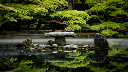 Obraz premium Japanese Zen Garden with Stone Table Reflection in Water and Trees