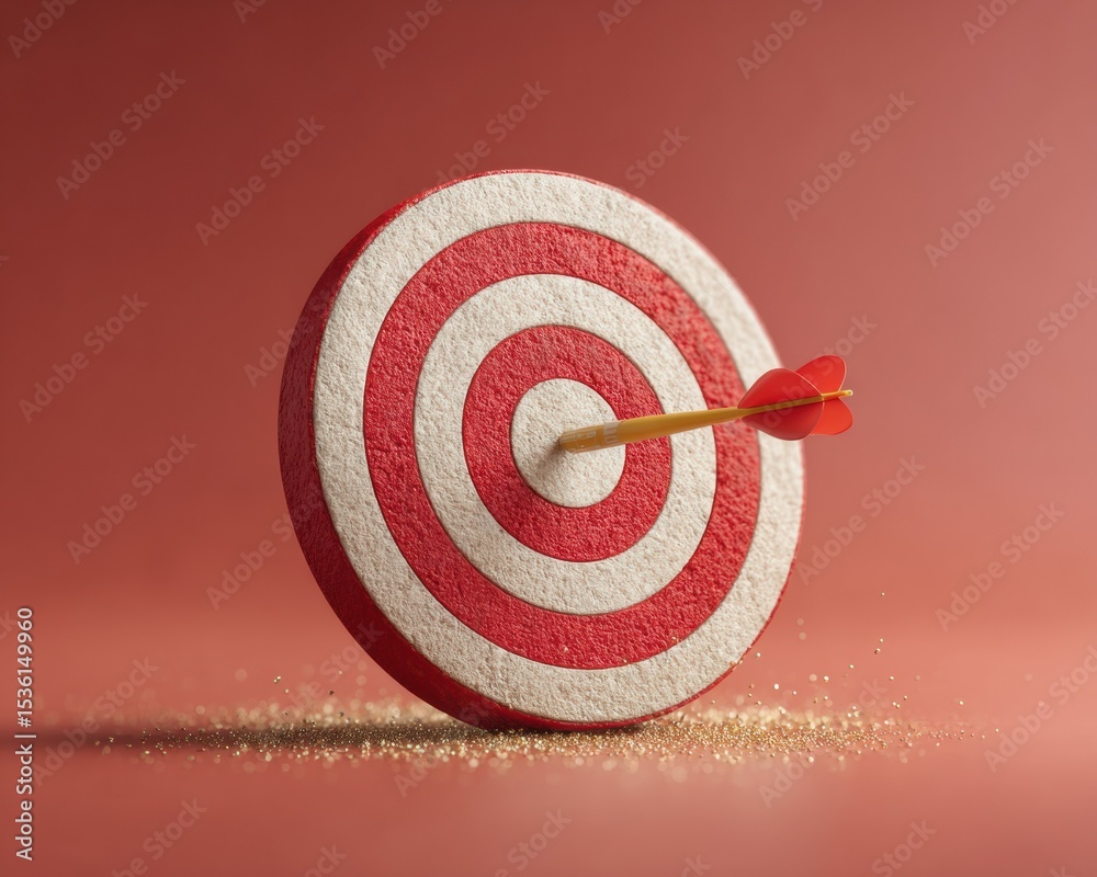 Poster precise marketing strategy concept with dart hitting bullseye on textured target board, symbolizing 