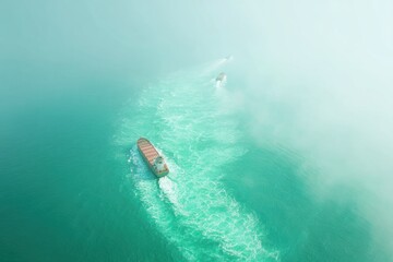 Obraz premium Aerial View of Cargo Ship Chased by Speedboats on Open Ocean Highlighting Maritime Security and Piracy Threats in Global Trade and Shipping Industry