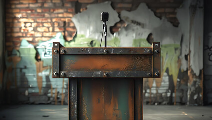 Worn Metal Podium with a Microphone in an Abandoned Building Setting