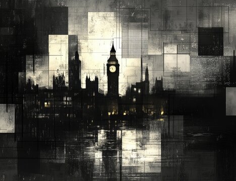 Fototapeta Abstract London cityscape at night,  textured and geometric