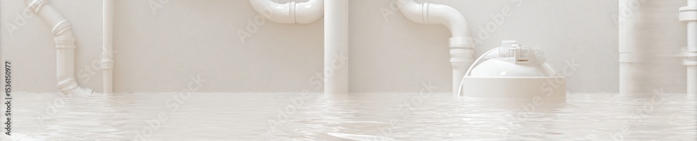 Poster modern flood mitigation with submerged sump pump in basement plumbing system - efficient water remov