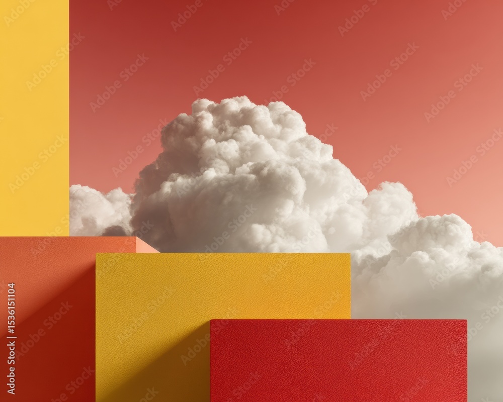 Aufkleber Modern Atmospheric Cloudscape with Voluminous Cumulus Against Bold Geometric Color Blocks for Weather Forecasting and Meteorological Branding