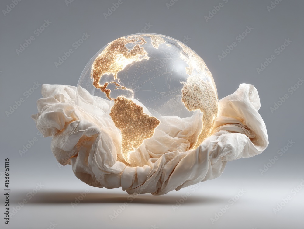 Poster Futuristic illuminated digital globe floating on soft fabric illustrating global trade routes and disrupted supply chains in a sleek modern style