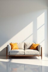 Minimalist space with a single sofa facing an empty wall, modern living room, simple style , calm atmosphere