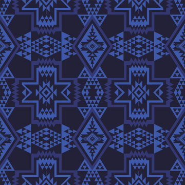 Monochrome Native American pattern. Vector blue aztec southwestern Navajo geometric shape seamless pattern. Ethnic geometric pattern use for fabric, textile, home decoration elements, upholstery.