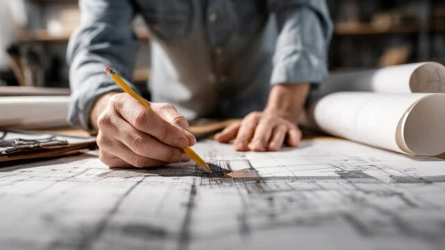 Architect Designing Blueprint: An architect's hands meticulously sketching detailed plans on a blueprint, surrounded by rolled-up architectural drawings, showcasing precision and creativity in design.