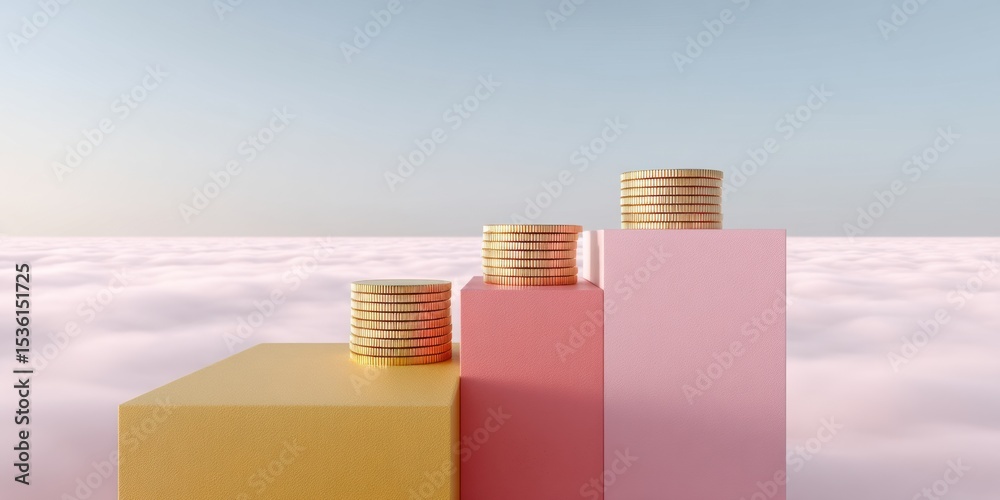 Poster ascending coin stacks and ipo wooden blocks on colorful pedestals representing structured wealth bui