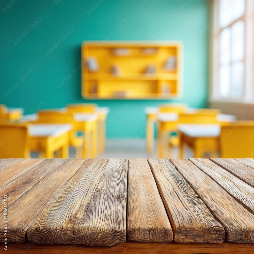 Poster Rustic Wooden Counter with Blurred Classroom Background for Modern Educational Content and Learning Environment Visuals in Sustainable Design