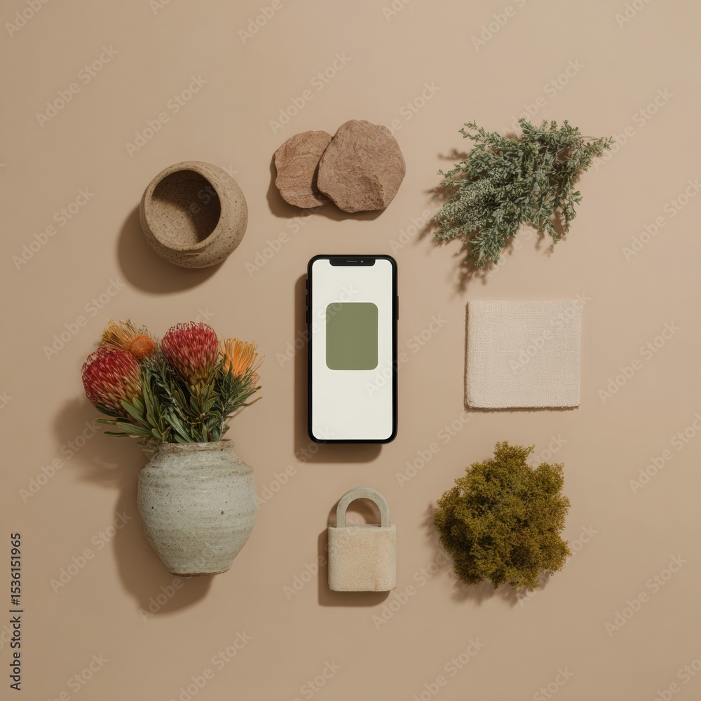 Poster modern biometric lock concept with smartphone and nature-inspired elements in minimalist eco-friendl