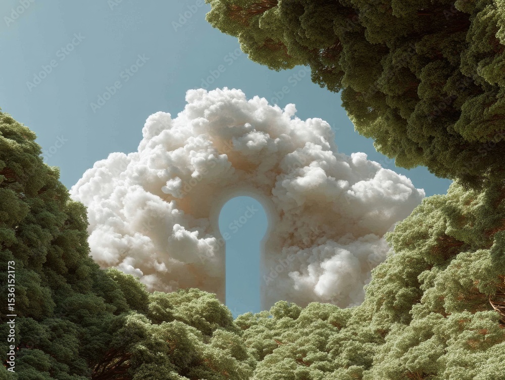 Poster cloud computing security concept with keyhole-shaped cloud formation and lush green trees - sustaina
