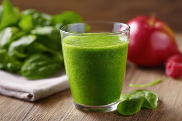 Healthy green smoothie in a glass with fresh spinach and fruit ingredients beside it