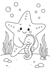 Coloring book starfish is happily hugging a cute seahorse at the bottom of the ocean
