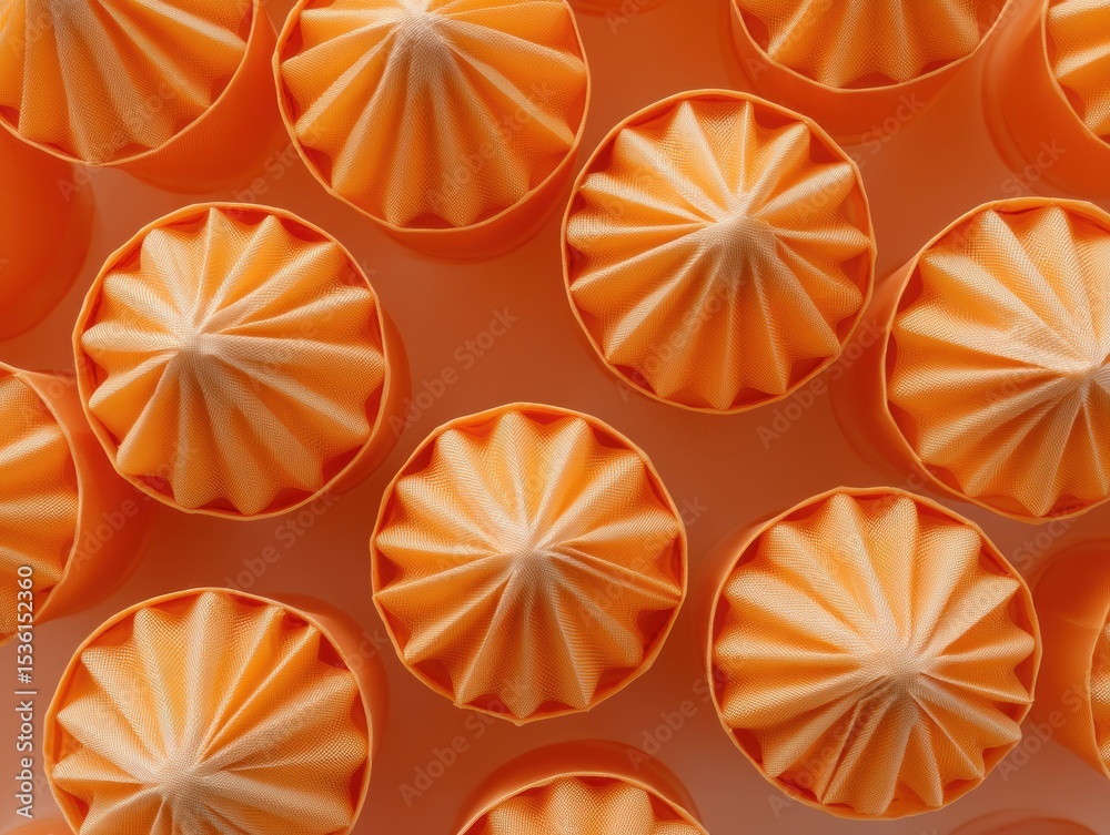 Poster symmetrical aerial view of orange n95 masks creating geometric pattern highlighting texture and heal