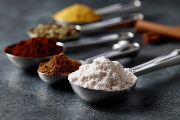 Set of stainless steel measuring spoons with flour and spices on table