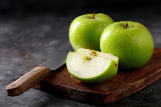 Fresh green apples sliced on rustic wooden chopping board with knife - Powered by Adobe
