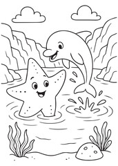 Coloring book starfish and a happy dolphin are playing in the water, with splashes around them