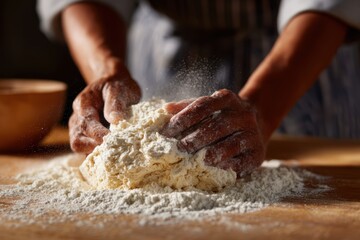Fototapeta premium Close-up of hands mixing dough on wooden countertop