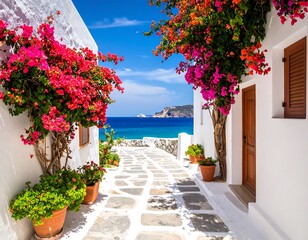 Fototapeta premium Whitewashed alleyway blossoms by the sea