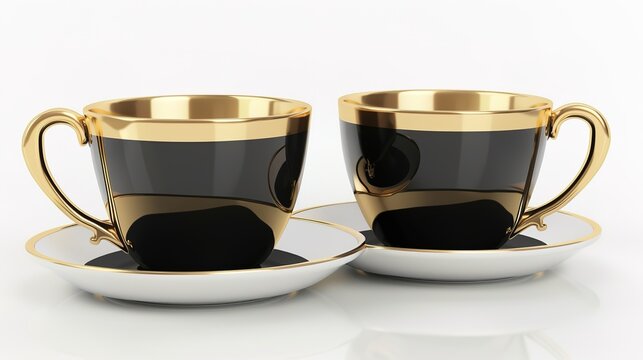  Luxury decorative coffee cups elegantly isolated on a pristine white background, showcasing intricate patterns and premium finishes. Perfect for high-end kitchen styling, home decor, or gourmet bever