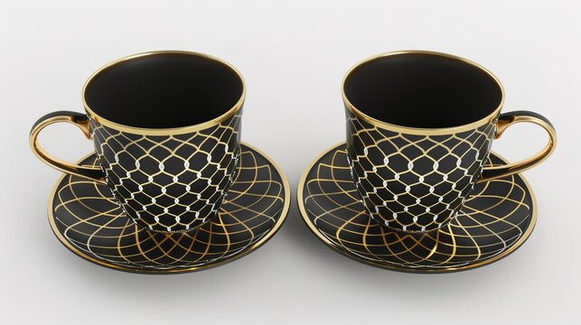  Luxury decorative coffee cups elegantly isolated on a pristine white background, showcasing intricate patterns and premium finishes. Perfect for high-end kitchen styling, home decor, or gourmet bever