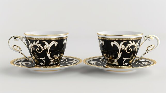  Luxury decorative coffee cups elegantly isolated on a pristine white background, showcasing intricate patterns and premium finishes. Perfect for high-end kitchen styling, home decor, or gourmet bever