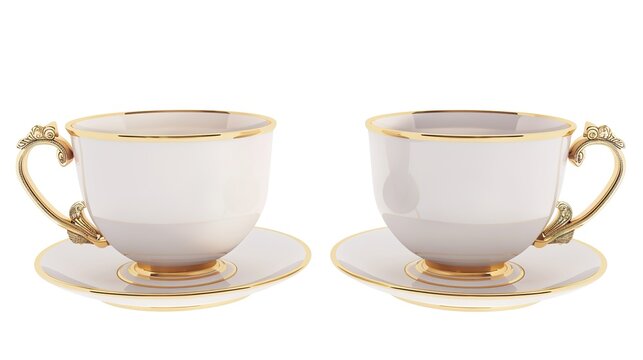  Luxury decorative coffee cups elegantly isolated on a pristine white background, showcasing intricate patterns and premium finishes. Perfect for high-end kitchen styling, home decor, or gourmet bever