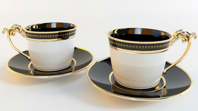  Luxury decorative coffee cups elegantly isolated on a pristine white background, showcasing intricate patterns and premium finishes. Perfect for high-end kitchen styling, home decor, or gourmet bever