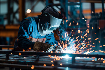 Worker Welding Steel Structure in Fabrication Plant