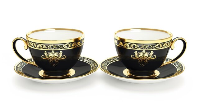  Luxury decorative coffee cups elegantly isolated on a pristine white background, showcasing intricate patterns and premium finishes. Perfect for high-end kitchen styling, home decor, or gourmet bever