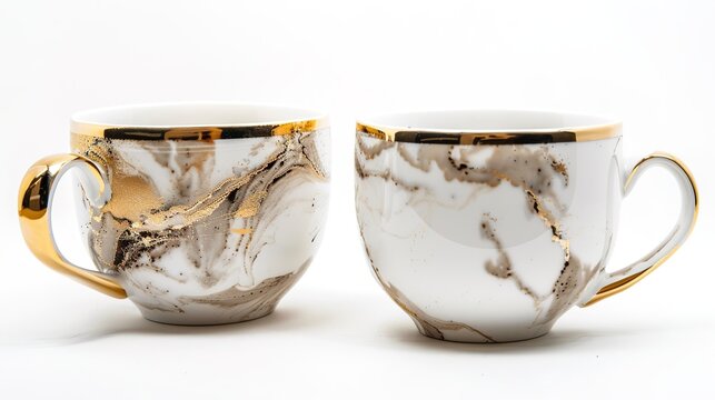  Luxury decorative coffee cups elegantly isolated on a pristine white background, showcasing intricate patterns and premium finishes. Perfect for high-end kitchen styling, home decor, or gourmet bever