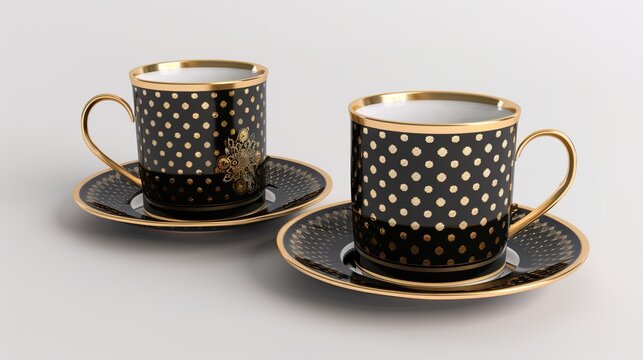  Luxury decorative coffee cups elegantly isolated on a pristine white background, showcasing intricate patterns and premium finishes. Perfect for high-end kitchen styling, home decor, or gourmet bever