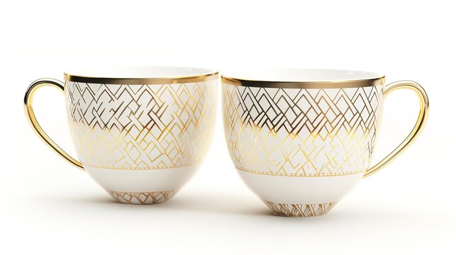  Luxury decorative coffee cups elegantly isolated on a pristine white background, showcasing intricate patterns and premium finishes. Perfect for high-end kitchen styling, home decor, or gourmet bever