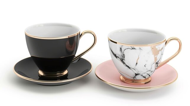  Luxury decorative coffee cups elegantly isolated on a pristine white background, showcasing intricate patterns and premium finishes. Perfect for high-end kitchen styling, home decor, or gourmet bever
