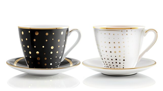  Luxury decorative coffee cups elegantly isolated on a pristine white background, showcasing intricate patterns and premium finishes. Perfect for high-end kitchen styling, home decor, or gourmet bever