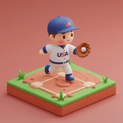 Isometric 3D baseball player child in USA uniform ready to pitch, on a grass field base.