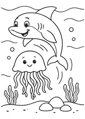 Coloring book shark swims above a happy jellyfish at the bottom of the ocean