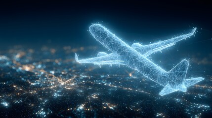 Wireframe Airplane Hovering Over Illuminated Cityscape