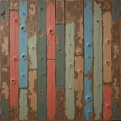 Fototapeta premium A highly detailed texture of rustic, weathered vertical wood planks, featuring peeling, multi-colored paint and grunge details for a vintage or abstract background. 