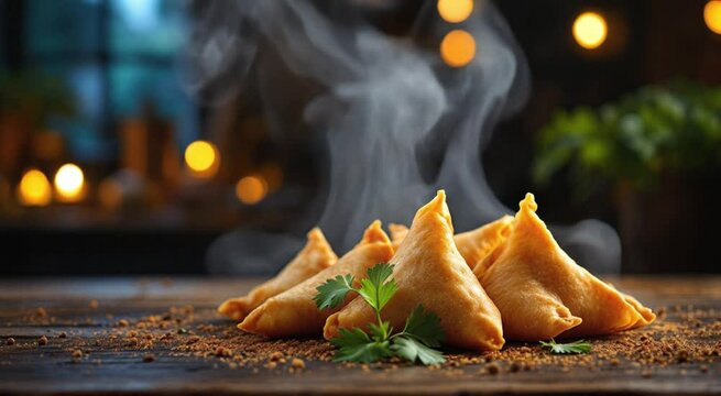 Steaming hot samosas placed on a rustic wooden table with bokeh background