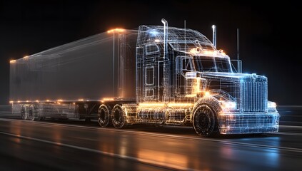 Wireframe Semi-Truck with Illuminated Details on a Dark Road