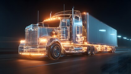 Illuminated Semi-Truck in Motion at Night