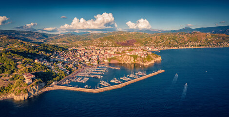 Spectacular morning view from flying drone of Agropoli port, Italy, Europe. Magnificent summer seascape of Mediterranean sea. Traveling concept background.