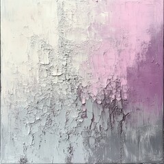 Abstract painting in muted greys and pinks, textured with cracks and layers