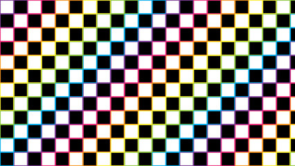 A black and white checkered pattern with rainbow colored outlines on each of the squares background