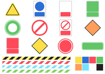 A collection of colorful shapes and symbols for adding text and additional symbols, mostly industrial.